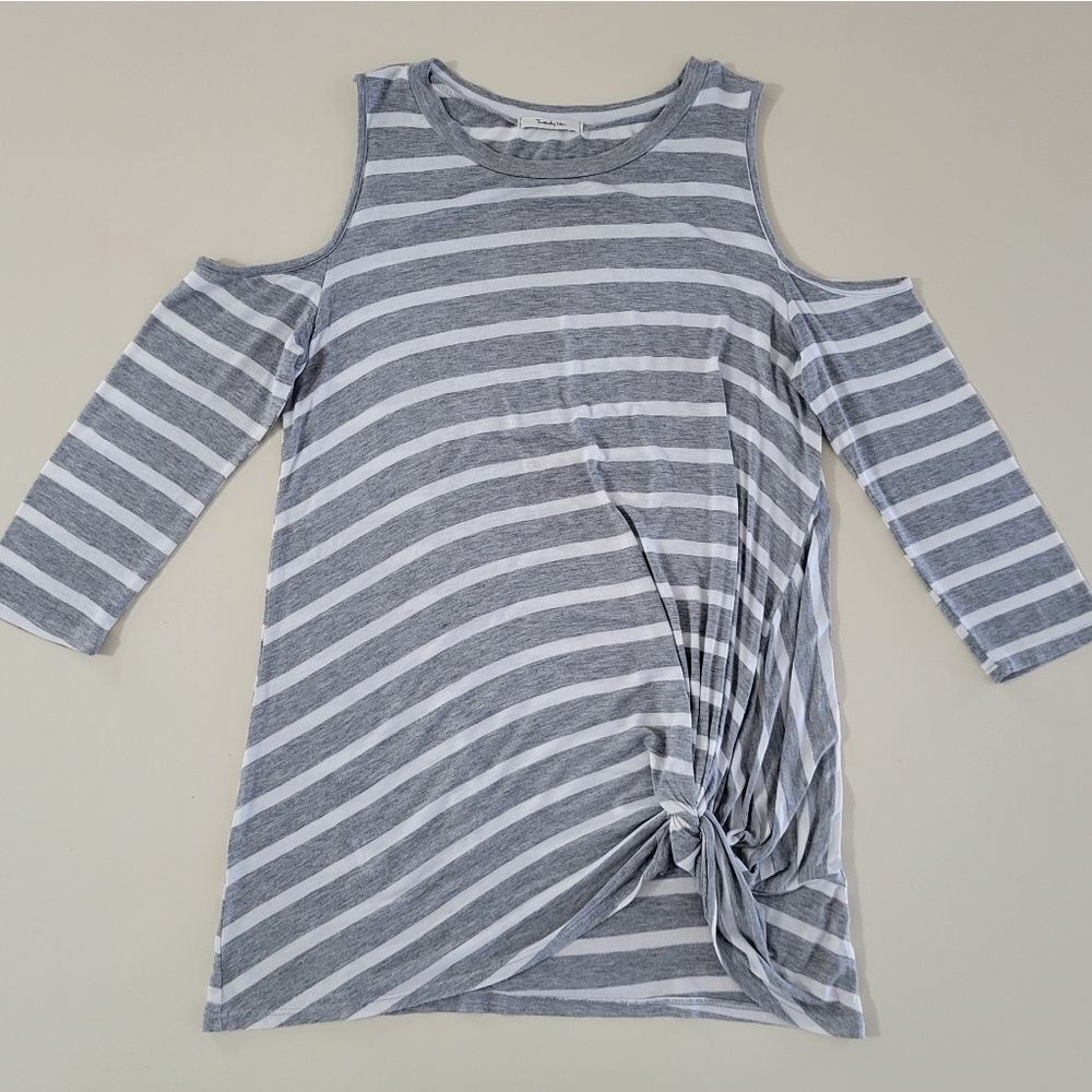 Twenty Ten Women's Gray Stripe Cold Shoulder Pullover Knotted Tunic Top